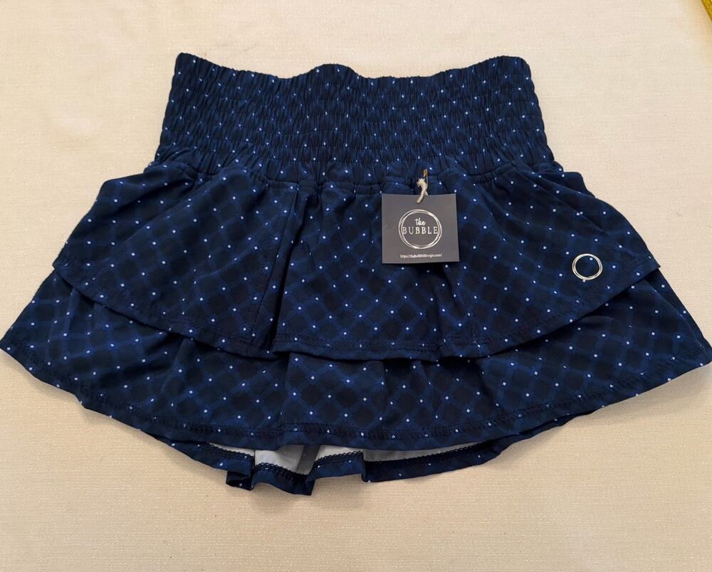 The Bubble Lifestyle Ruffle Tennis Skirt Skort Navy Dots Smocked Size XS NWT